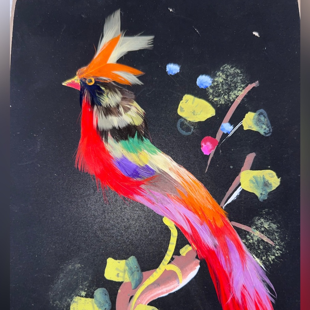 Vintage Hand Painted Mexican Bird Feather Artwork - Picture 2 of 4